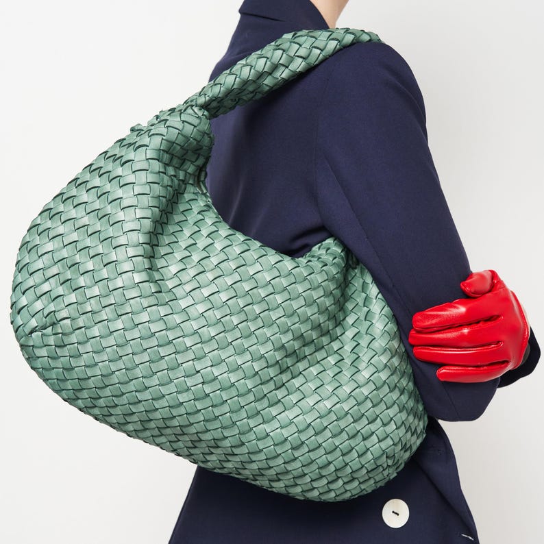 Soft Black Woven Leather Hobo Bag - Slouchy Leather Shoulder Bag, Vintage Italian Leather Handbag, Woven Hobo Purse, Everyday Designer Tote Green