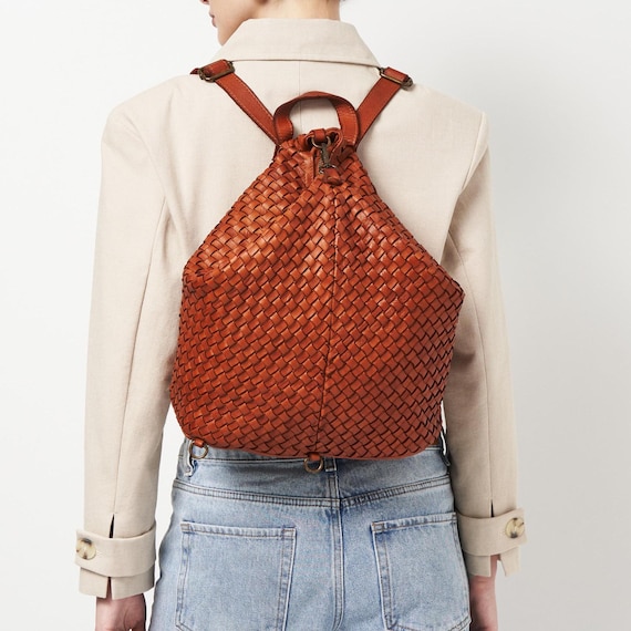 Soft Brown Woven Italian Leather Backpack Purse, Braided Convertible Hobo Backpack, Shoulder Travel/Work Backpack, Slouchy Handwoven Handbag