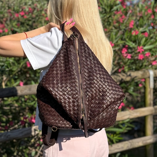 Mochila de cuero tejido marrón suave: mochila convertible 3 en 1, mochila suave lavada y bolso de hombro, mochila tipo hobo para viajes y trabajo.