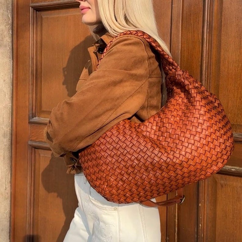 Soft Brown Woven Leather Hobo Bag - Slouchy Leather Shoulder Bag, Vintage Italian Leather Handbag, Woven Hobo Purse, Everyday Designer Tote Camel