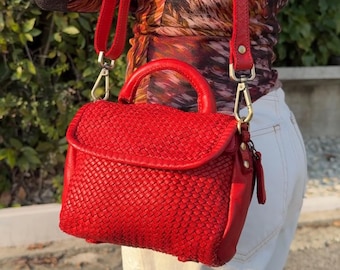 Soft Woven Red Small Crossbody Purse - Woven Soft Leather Shoulder Bag, Cross Body Bag, Everyday Mini Designer Tote, Small Handbag