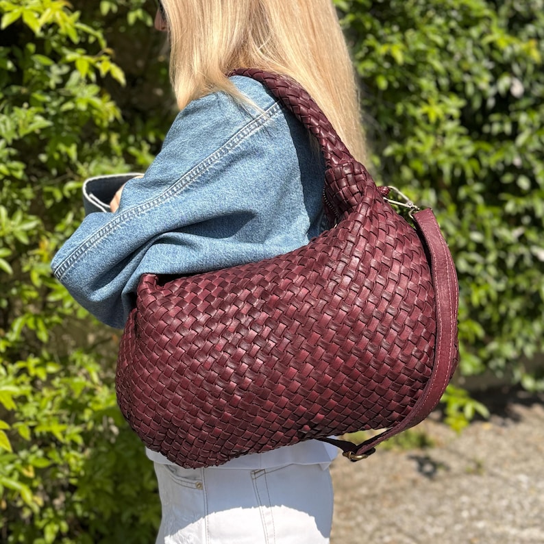 Soft Brown Woven Leather Hobo Bag - Slouchy Leather Shoulder Bag, Vintage Italian Leather Handbag, Woven Hobo Purse, Everyday Designer Tote image 12