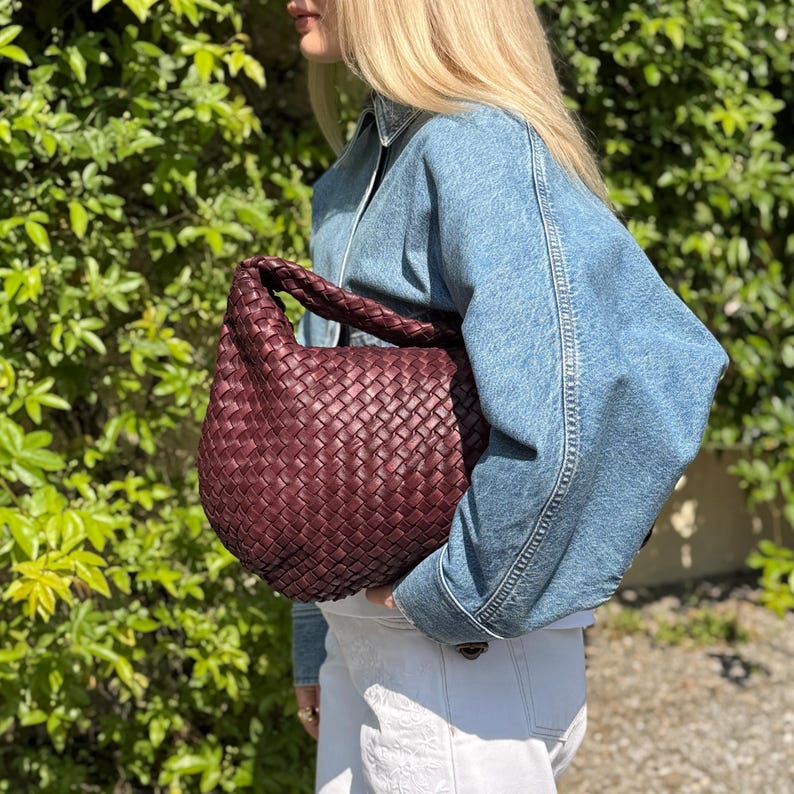 Soft Brown Woven Leather Hobo Bag - Slouchy Leather Shoulder Bag, Vintage Italian Leather Handbag, Woven Hobo Purse, Everyday Designer Tote image 8