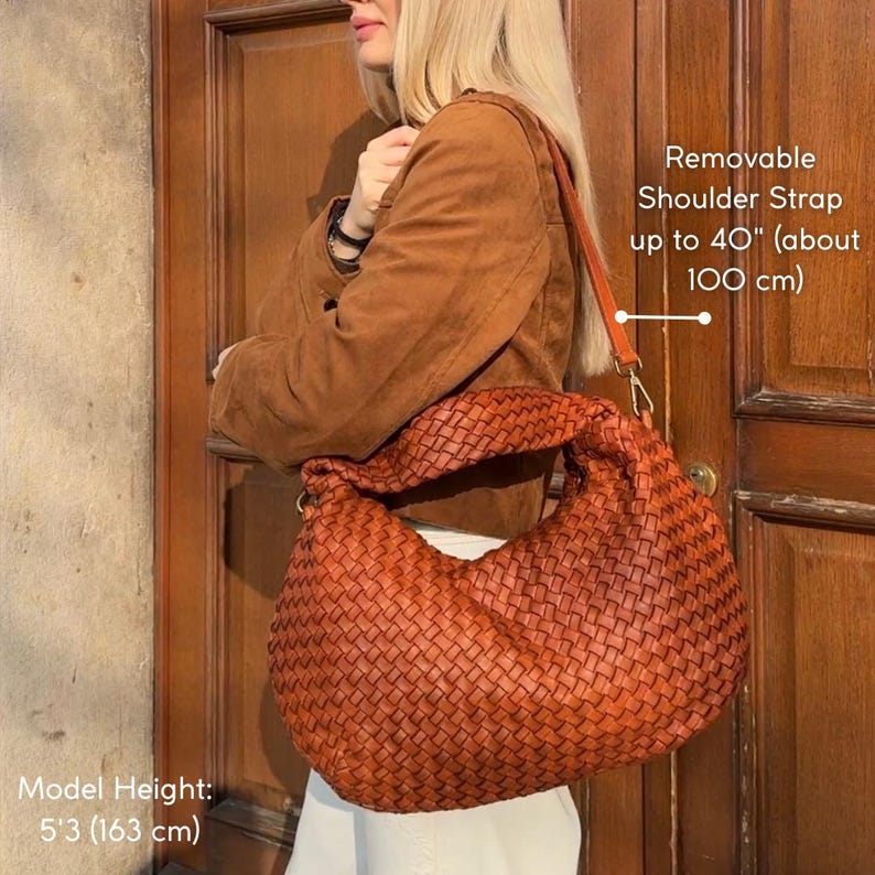 Soft Brown Woven Leather Hobo Bag - Slouchy Leather Shoulder Bag, Vintage Italian Leather Handbag, Woven Hobo Purse, Everyday Designer Tote image 6
