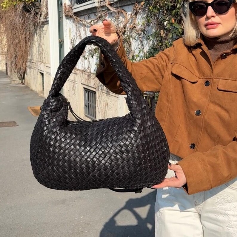 Soft Brown Woven Leather Hobo Bag - Slouchy Leather Shoulder Bag, Vintage Italian Leather Handbag, Woven Hobo Purse, Everyday Designer Tote image 11