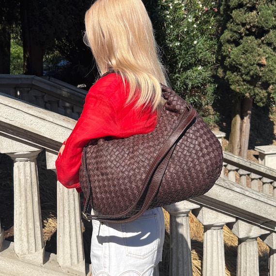 Soft Brown Woven Leather Hobo Bag - Slouchy Leather Shoulder Bag, Vintage Italian Leather Handbag, Woven Hobo Purse, Everyday Designer Tote