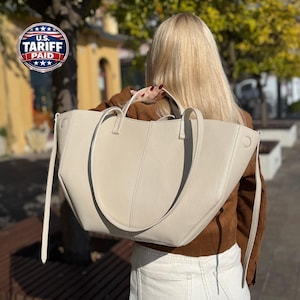 Ręcznie robiona włoska skórzana torba typu tote, skórzana torba na ramię, kremowa skórzana torba, codzienna torba do pracy/podróży, torebka z pełnego ziarna