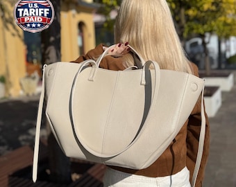 Handmade Italian Leather Tote Bag, Structured Leather Shoulder Bag, Cream Leather Tote, Everyday Work/Travel Bag, Full Grain Tote Handbag