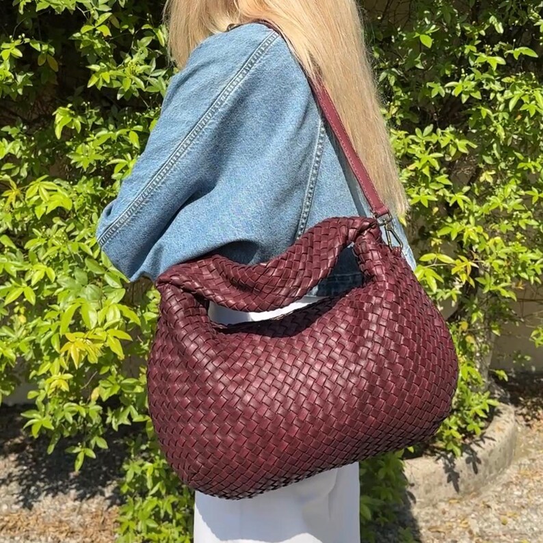 Soft Brown Woven Leather Hobo Bag - Slouchy Leather Shoulder Bag, Vintage Italian Leather Handbag, Woven Hobo Purse, Everyday Designer Tote image 9