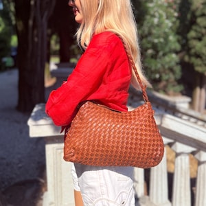 Soft Woven Italian Leather Bag, Brown Woven Leather Tote, Italian Leather Handbag, Crossbody Shoulder Bag, Leather Hobo Bag/Bag Gift for Her