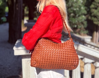 Soft Leather Woven Hobo Bag - Small Woven Leather Bag, Everyday Designer Tote, Italian Leather Handbag, Woven Shoulder Crossbody Purse