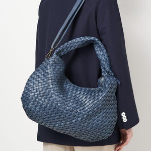 Soft Black Woven Leather Hobo Bag - Slouchy Leather Shoulder Bag, Vintage Italian Leather Handbag, Woven Hobo Purse, Everyday Designer Tote Blue