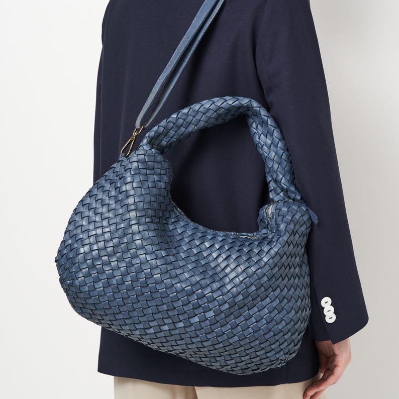 Soft Black Woven Leather Hobo Bag - Slouchy Leather Shoulder Bag, Vintage Italian Leather Handbag, Woven Hobo Purse, Everyday Designer Tote Blue