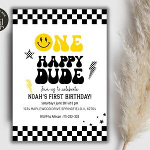 Editable One Happy Dude Birthday Invitation Template, Retro One Happy Dude First Birthday Boy Party Invitation, Printable Birthday Invite