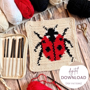 May include: A square, cream-colored crochet piece featuring a red and black ladybug design. The image includes yarn in white, red, and black, along with crochet hooks and scissors. The text "digital download" is also visible.