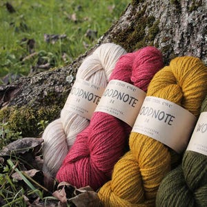 Peut inclure: Gros plan sur plusieurs écheveaux de laine de couleurs variées, dont crème, rose foncé et jaune moutarde. Chaque écheveau porte une étiquette "Woodnote". La laine est disposée près d'un tronc d'arbre, avec de l'herbe verte en arrière-plan.