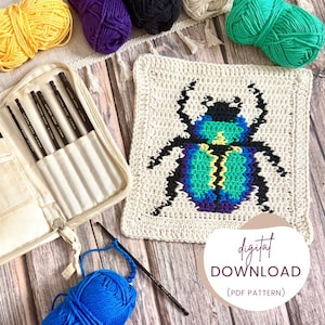May include: A cream-colored crochet square with a colorful beetle design, surrounded by yarn in various colors. A set of crochet hooks in a case and the words "digital download" are also visible.