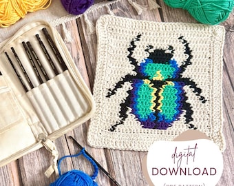 May include: A cream-colored crochet square with a colorful beetle design, surrounded by yarn in various colors. A set of crochet hooks in a case and the words "digital download" are also visible.