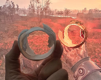 Op de afbeelding: Twee ronde voorwerpen, een wit en een oranje, worden vastgehouden voor een veld met rode bloemen. Het witte voorwerp is gemaakt van een glad, hard materiaal, terwijl het oranje voorwerp is gemaakt van een ruw, getextureerd materiaal. De achtergrond is een veld met rode bloemen en een zonsondergangshemel.