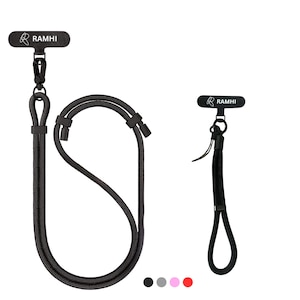 May include: Black phone lanyard with the text "RAMHI" on the top. The lanyard has a black cord and a black adjustable slider. A wrist strap version is also shown. The image also shows a series of colored dots.