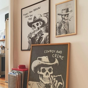 decoração ocidental, arte de parede eclética, arte de parede do Texas, arte de cowboy, esqueleto fumante, cowboy esqueleto, murais de parede da moda, oeste selvagem, cowboy esqueleto
