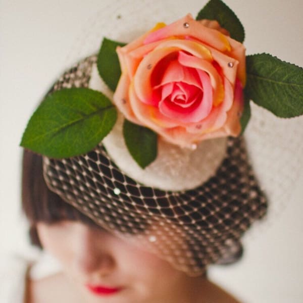 Peach Rose veiled headpiece