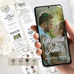 May include: A smartphone displays a wedding photo of a couple with the text "Sophia and James are getting married." Wedding details and schedule are on paper cards. Icons for video, music, photo, and sharing are at the bottom.