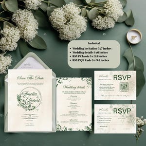 Botanical Wedding Invitation Set: Greenery Eucalyptus, QR Code RSVP (Editable Canva Template)