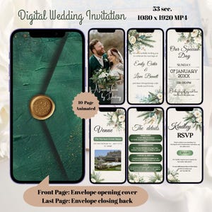 Könnte beinhalten: Digitale Hochzeitseinladung auf einem Smartphone. Die Titelseite zeigt einen grünen, strukturierten Hintergrund mit einem goldenen Wachssiegel. Weitere Bildschirme zeigen Hochzeitsdetails, einschließlich der Namen des Paares, Datum, Uhrzeit und RSVP-Informationen.