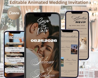 アニメーション付き結婚式招待状ビデオ：ミニマルなデジタル招待状、編集可能なCanvaテンプレート