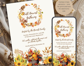 Fall Harvest Invitation | Printable 5x7 & Digital Template | Autumn Gathering, Thanksgiving, Pumpkin Party, Instant Download