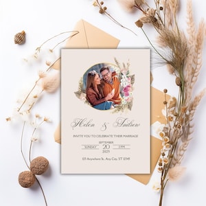 Invitación de boda bohemia con foto / Diseño floral y pampeano / Plantilla editable / Invitación rústica imprimible / Descarga instantánea