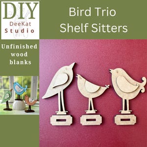 DIY Bird shelf sitter trio, spring mantel decor, unfinished wood project