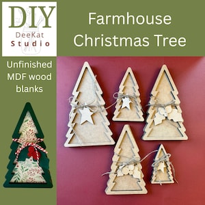 May include: Unfinished MDF wood blanks in the shape of Christmas trees. The trees are made of light brown wood and are decorated with twine and wooden stars or holly. The text "Farmhouse Christmas Tree" is displayed on a green background.