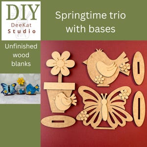 May include: Unfinished wood blanks for DIY crafts. The image shows a springtime trio with bases, including a flower in a pot, a bird, and a butterfly, all made of light brown wood. The image also shows a smaller display of finished painted wood blanks.