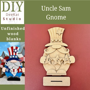 DIY Uncle Sam Gnome, wood blank for paint at home, paint party, shelf sitter patriotic decor,