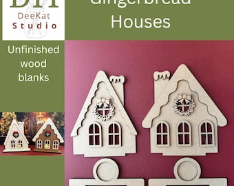 May include: Two unfinished wood blanks shaped like gingerbread houses with chimneys, arched windows, and wreath details. Each house includes a separate base piece with a circular cutout. The text DIY DeeKat Studio Gingerbread Houses Unfinished wood blanks is visible in the image.