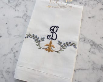 Embroidered Monogram Linen Guest Towel: Fleur De Lis Decor