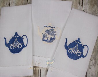 Embroidered Teapot Kitchen Towel: French Cottage Linen Hemstitched Towel
