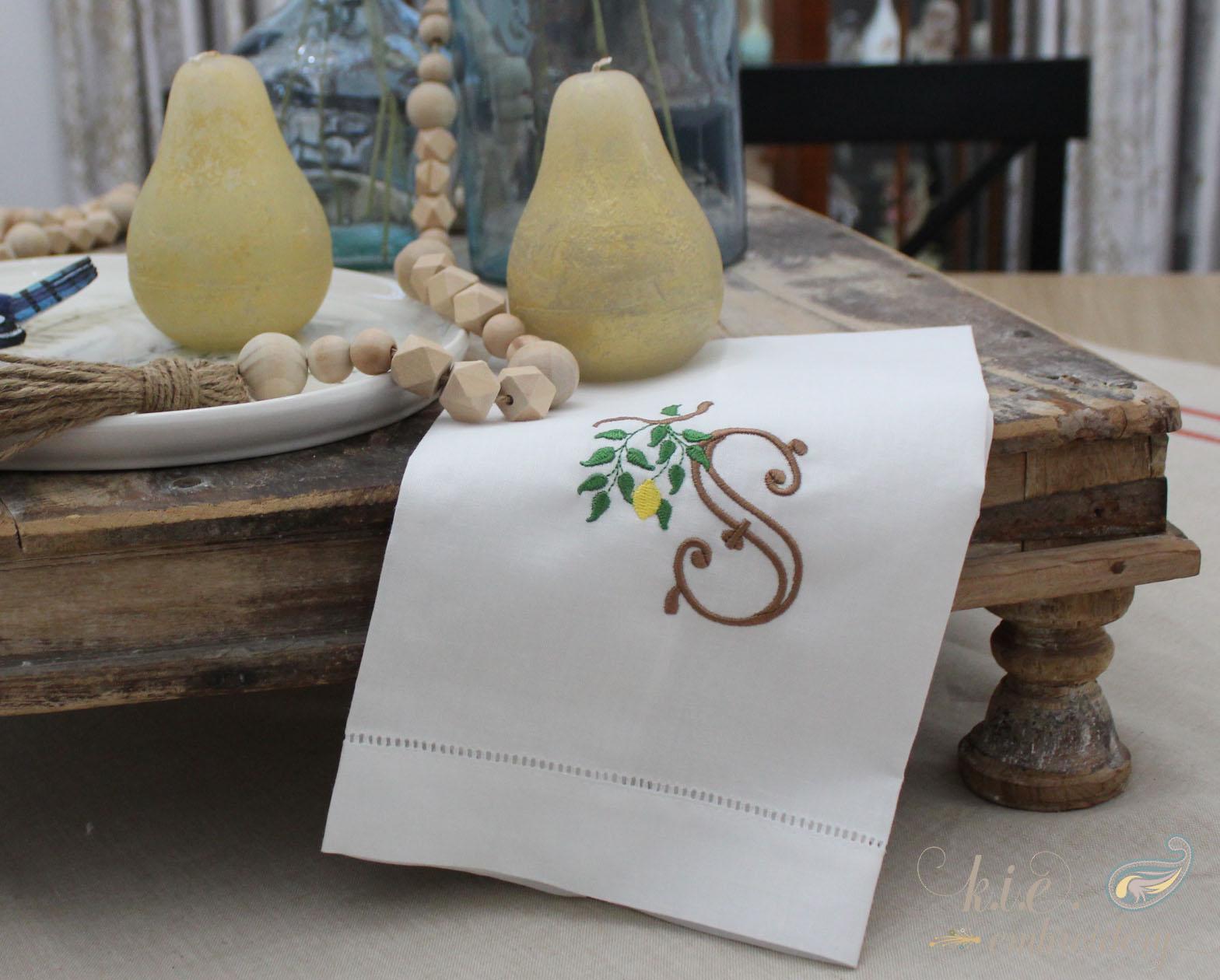 Embroidered Lemon Linen Towel: Monogrammed Hemstitch Kitchen Decor