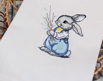 Embroidered Bunny Linen Kitchen Towel: Farmhouse Easter Decor