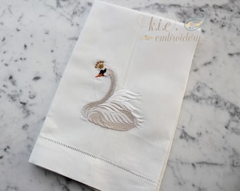 Embroidered Swan Linen Towel: Hemstitched Cotton Blend, Powder Room Decor