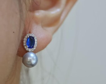 Brincos de safira azul e pérola Akoya – Ouro 14K, pérolas japonesas de 7-8 mm, presente de Natal para ela, joia elegante para noivas