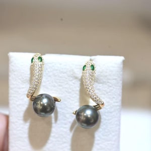 Tahitian Pearl Snake Earrings, 8–9mm Black Pearl Studs, Sterling Silver Serpent Earrings, Statement Gift for Her