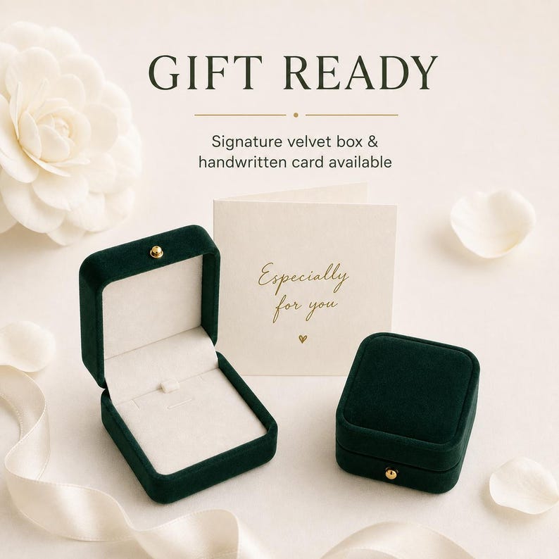 May include: Two dark green velvet jewelry boxes, one open and one closed, alongside a cream-colored card with the gold text Especially for you and a small heart. The text GIFT READY and Signature velvet box & handwritten card available appear above.