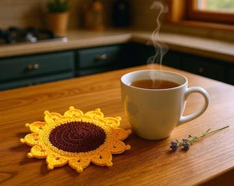 Crochet Sunflower Coaster: Handmade Boho Mug Rug, Eco-Friendly Table Decor