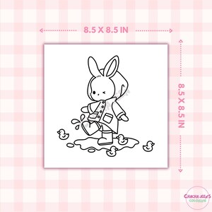 May include: A black and white coloring page featuring a bunny wearing a raincoat and boots, walking through a puddle with three ducklings. The page is 8.5 inches by 8.5 inches.
