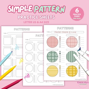 May include: Printable pattern practice sheets with six pages of different patterns to colour. The patterns include squares, circles, and lines in pastel colours. The title of the sheet is "Patterns: Pastel Check & Line".