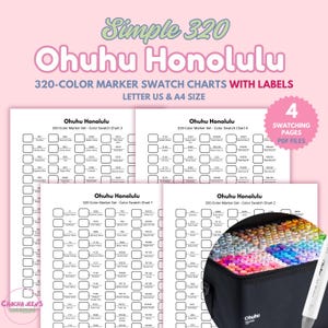 May include: Four printable Ohuhu Honolulu 320-colour marker swatch charts with labels. The charts are in Letter US and A4 sizes. The image includes a black carrying case filled with colourful markers and the text "Simple 320 Ohuhu Honolulu".