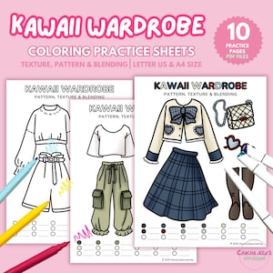 May include: Kawaii Wardrobe coloring practice sheets with various clothing designs. The sheets include outlines of outfits, such as a jacket and skirt, and a pair of pants. The text on the sheets reads "Pattern, Texture & Blending".